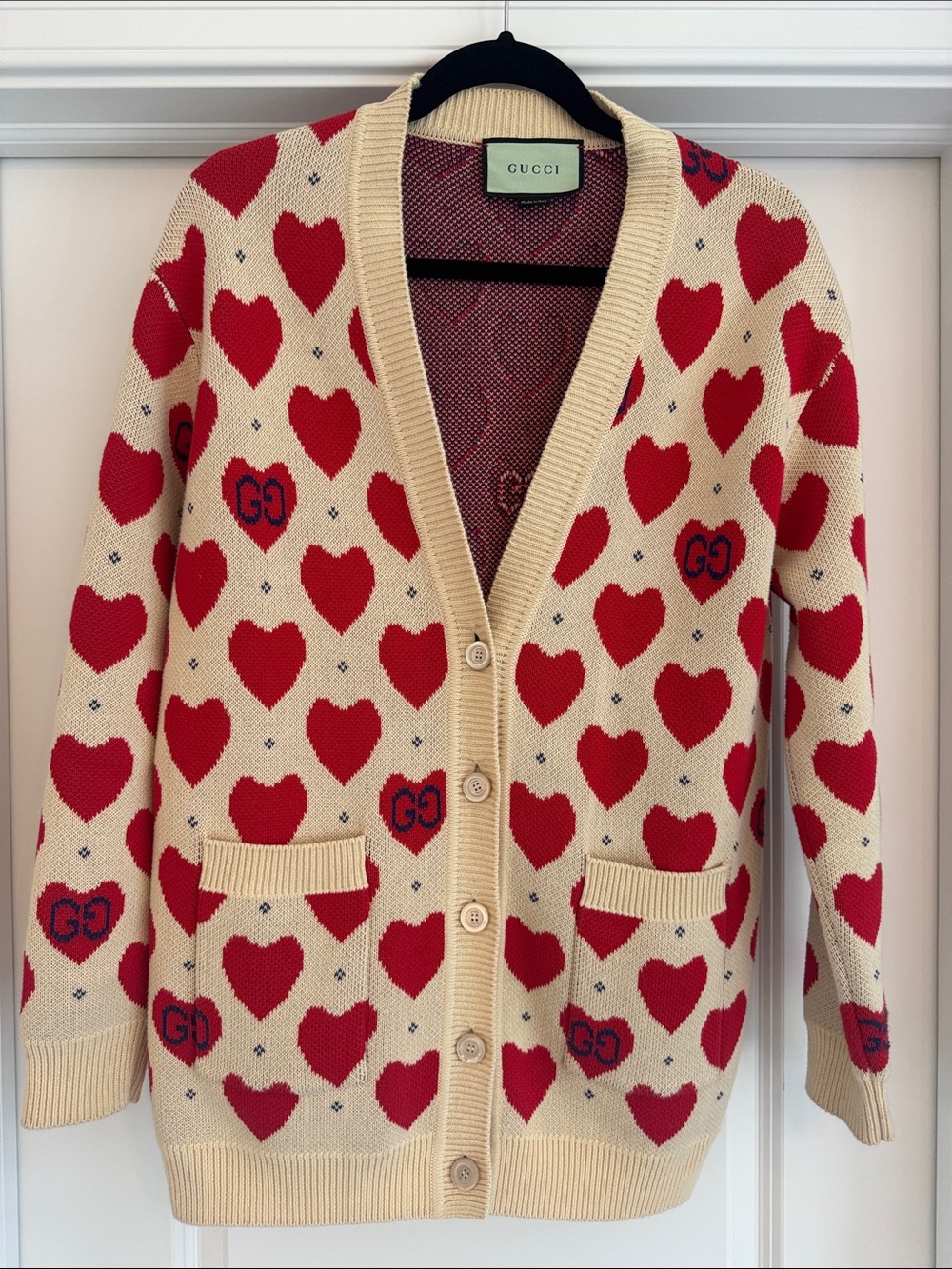 Rare Gucci Cream Cardigan with Red & Navy Heart Motif